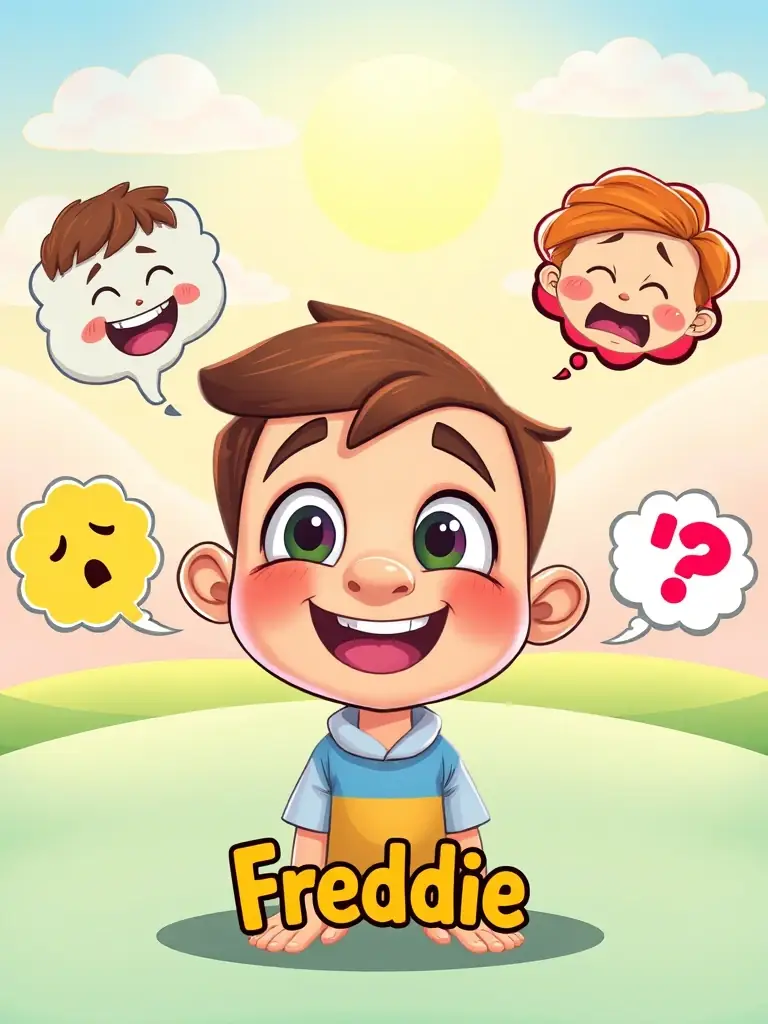 A comforting image from 'Feelings with Freddie' showing Freddie expressing various emotions, highlighting the theme of emotional intelligence and self-awareness.