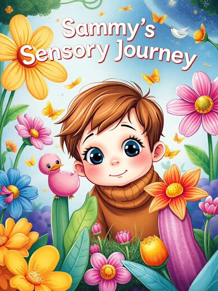A heartwarming illustration from 'Sammy's Sensory Journey' depicting a child exploring different textures and sounds, showcasing the theme of sensory exploration and integration.