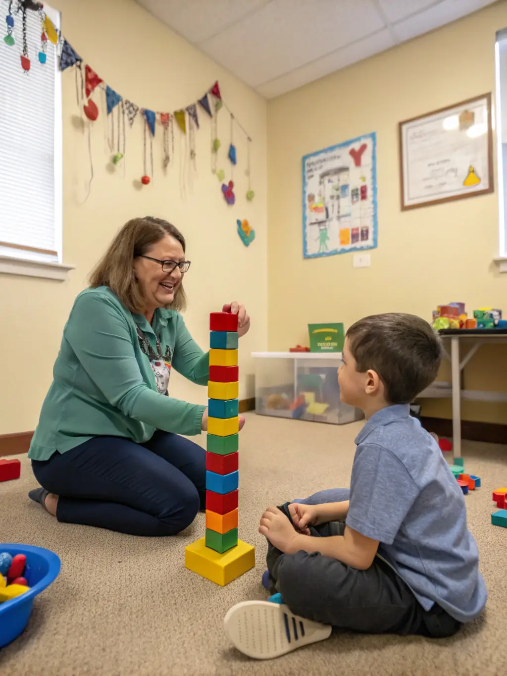 A picture of a therapist interacting positively with a child during a therapy session, showcasing a safe and understanding environment.
