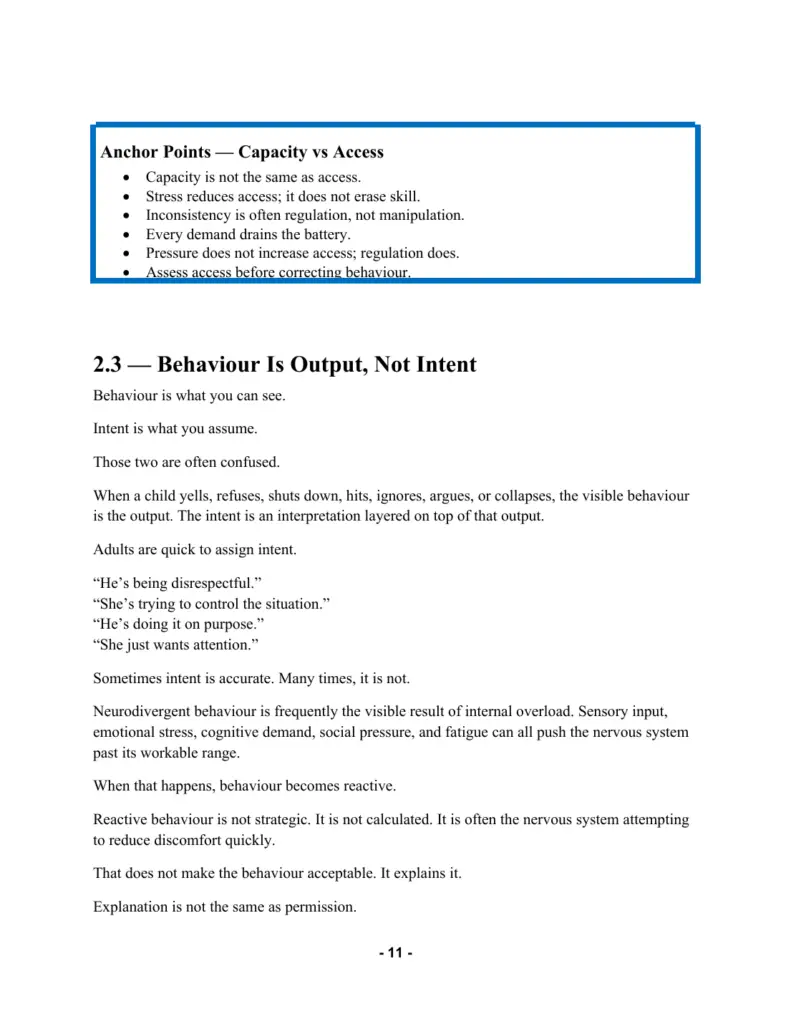 Raising Neurodivergent Kids manual, sample page: Capacity vs Access and Behaviour Is Output, Not Intent