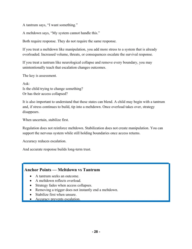 Raising Neurodivergent Kids manual, sample page: Meltdown vs Tantrum with Anchor Points