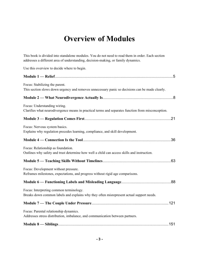 Raising Neurodivergent Kids manual, sample page: Overview of Modules
